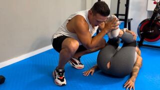 Atina fucks her yoga teacher at the gym and he cums in her pussy