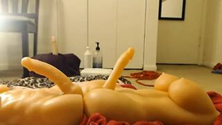 girl takes 2 dildos in the front 1 in the back