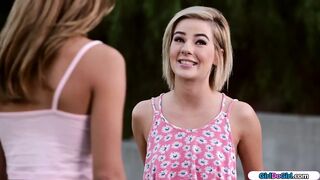 Blonde gets first kiss from new neighbor and is facesitted