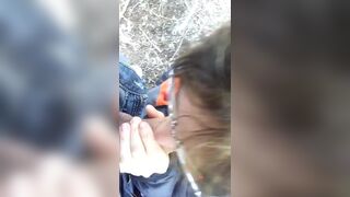 Ugly nerdy whore sucking cock in woods