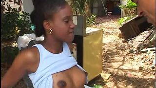 Slut gets jizzed on after sucking guy's cock outside