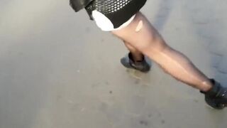 Sexy ripped pantyhose on a hot ass chick in public