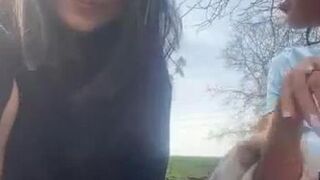 Two cute stocking lesbian teen babes outdoor teasing