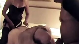 Horny bear fucked by wife while he sucks his buddy MMF bi