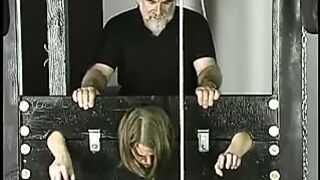 Old guy pounds young brunette with small tits jailed in stocks