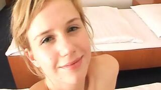 Good looking German blonde gets her mouth covered in warm cum
