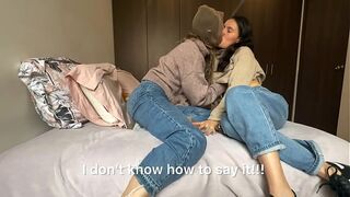 The neighbor shows me how to try on the stockings I bought to wear with my husband