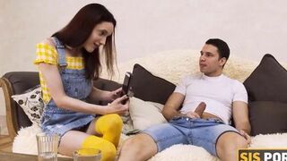 SISPORN. Smart guy tricks slender stepsis into taboo sex on the sofa