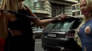 Blonde in bondage fisted in public cafe