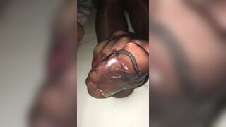 Cumshot on GF sexy black nylon stocking feet after footjob