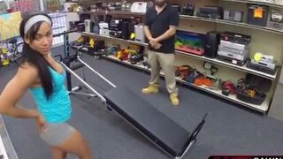 Woman pawns pussy to sell gym equipment to the pawnshop owner athis office