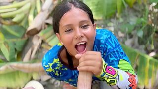 Innocent peasant girl with a beautiful face swallows all my milk on the side of the road