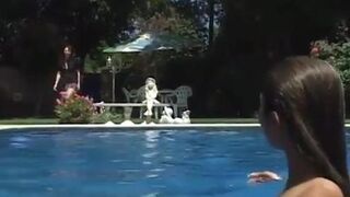 Sexy cutie having oral sex on the pool with lesbian friend