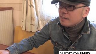 Cute asian waitress gives double blowjob