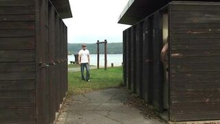 He fucks busty blonde granny in public dressing cubicle