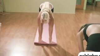 Hot babes and busty trainer doing yoga while all naked