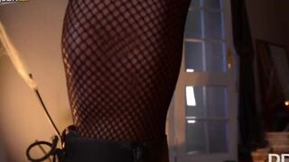 Femme fatale witch with too big tits fucks pussy with sex toy
