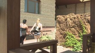After training, 2 girlfriends are horny and lick each other!